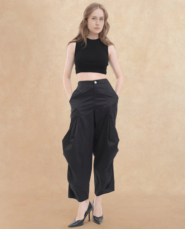 Rareism Women Colema Black Cotton Fabric Button Closure Relaxed Fit Plain Ankle Length Trousers