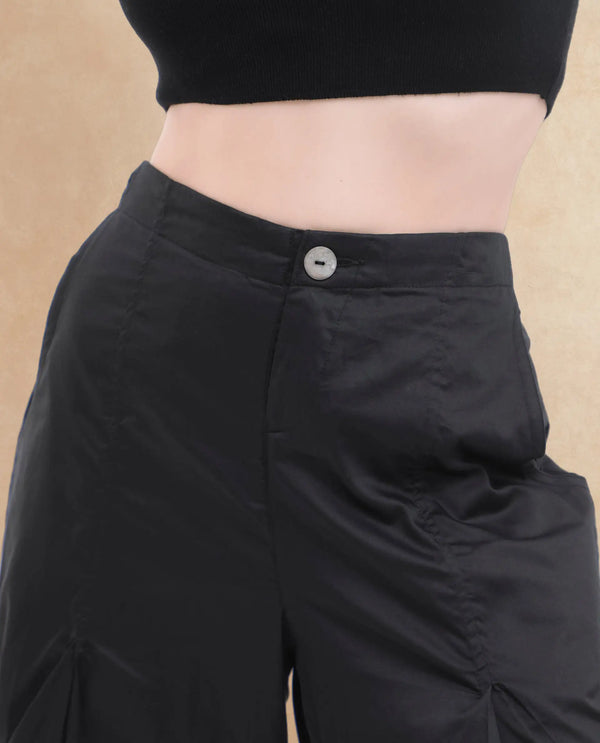 Rareism Women Colema Black Cotton Fabric Button Closure Relaxed Fit Plain Ankle Length Trousers