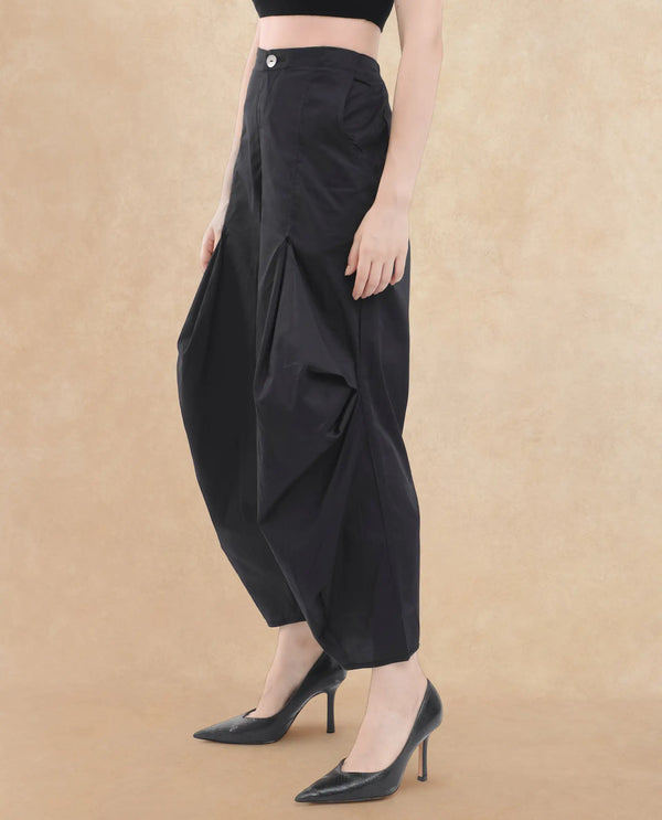 Rareism Women Colema Black Cotton Fabric Button Closure Relaxed Fit Plain Ankle Length Trousers