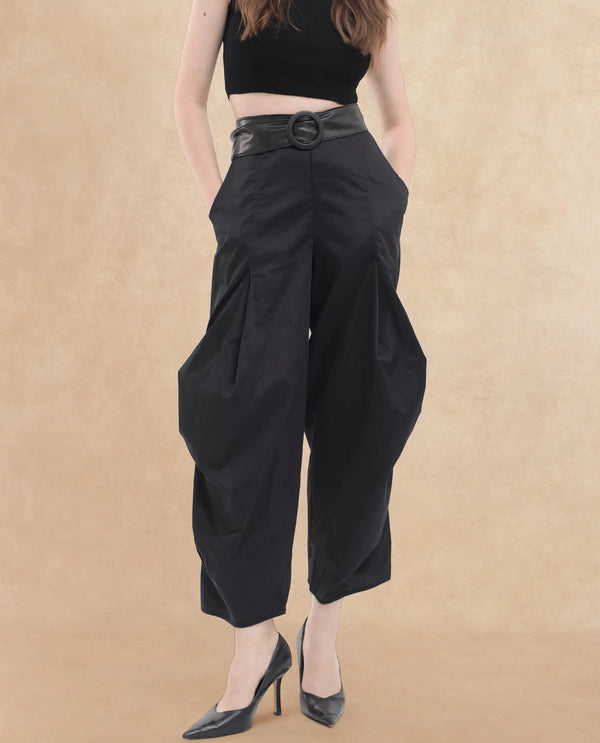 Rareism Women Colema Black Cotton Fabric Button Closure Relaxed Fit Plain Ankle Length Trousers
