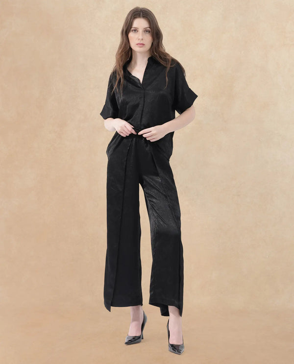 Rareism Women Colet Black Polyester Fabric Tie-Up Closure Wide Leg Fit Plain Ankle Length Trousers
