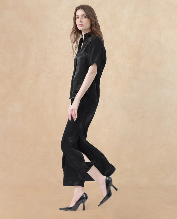 Rareism Women Colet Black Polyester Fabric Tie-Up Closure Wide Leg Fit Plain Ankle Length Trousers