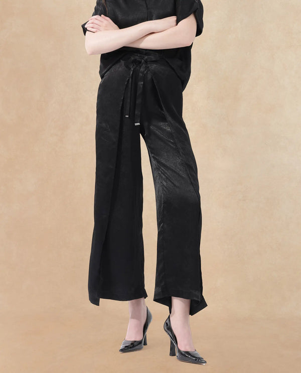 Rareism Women Colet Black Polyester Fabric Tie-Up Closure Wide Leg Fit Plain Ankle Length Trousers