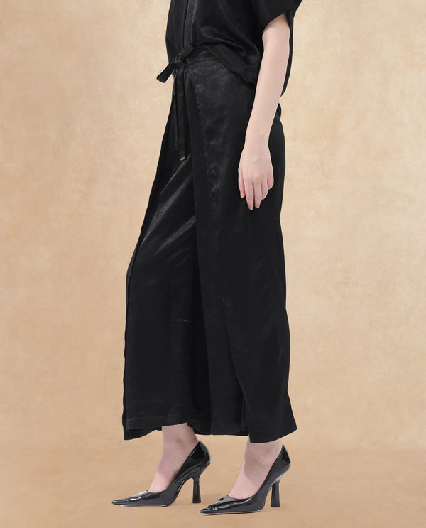 Rareism Women Colet Black Polyester Fabric Tie-Up Closure Wide Leg Fit Plain Ankle Length Trousers
