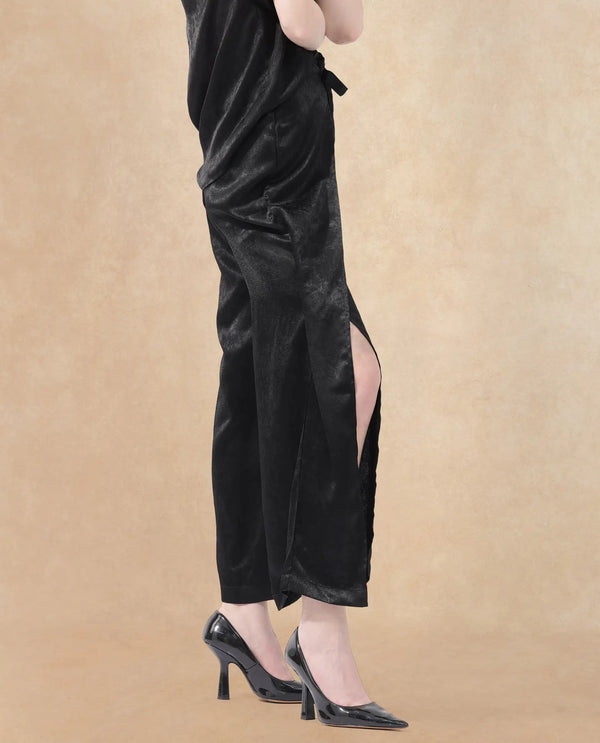 Rareism Women Colet Black Polyester Fabric Tie-Up Closure Wide Leg Fit Plain Ankle Length Trousers