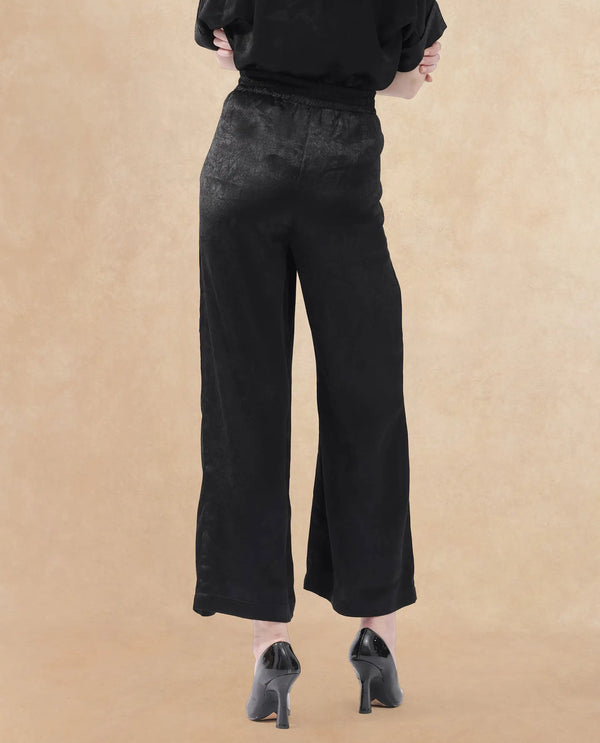 Rareism Women Colet Black Polyester Fabric Tie-Up Closure Wide Leg Fit Plain Ankle Length Trousers