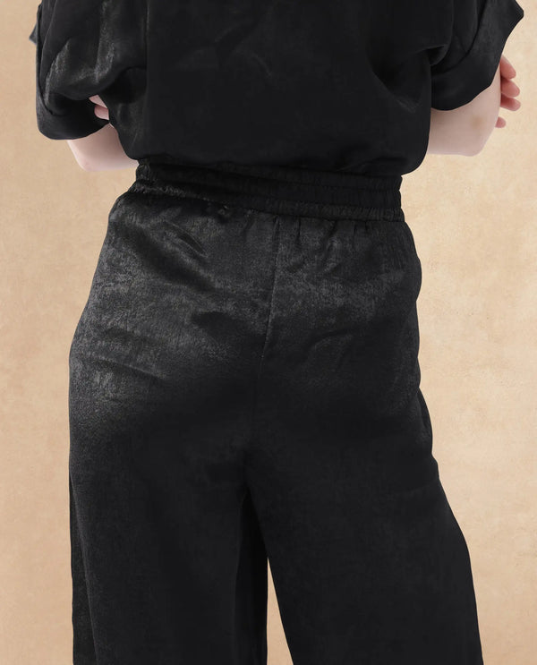 Rareism Women Colet Black Polyester Fabric Tie-Up Closure Wide Leg Fit Plain Ankle Length Trousers