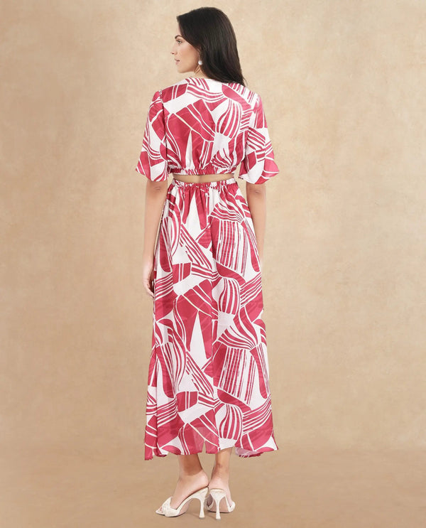 Rareism Women Colima Red Short Sleeve Over Lap Neck Fit And Flare Maxi Abstract Print Dress