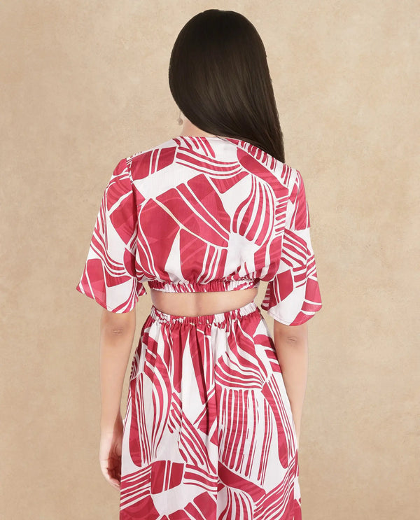 Rareism Women Colima Red Short Sleeve Over Lap Neck Fit And Flare Maxi Abstract Print Dress