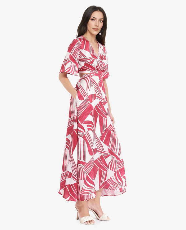 Rareism Women Colima Red Short Sleeve Over Lap Neck Fit And Flare Maxi Abstract Print Dress