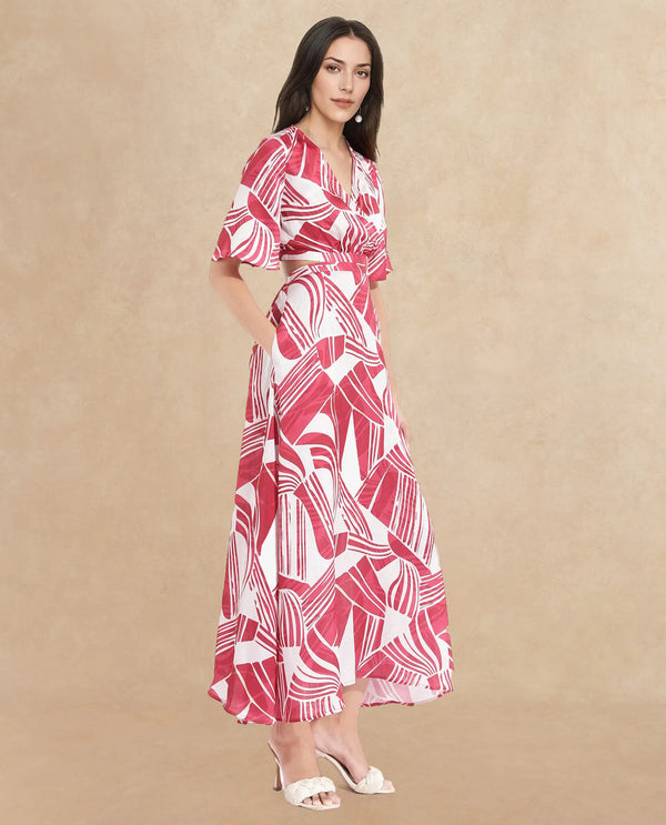 Rareism Women Colima Red Short Sleeve Over Lap Neck Fit And Flare Maxi Abstract Print Dress