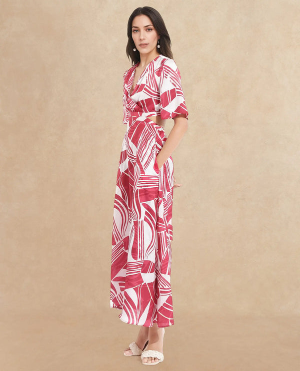 Rareism Women Colima Red Short Sleeve Over Lap Neck Fit And Flare Maxi Abstract Print Dress