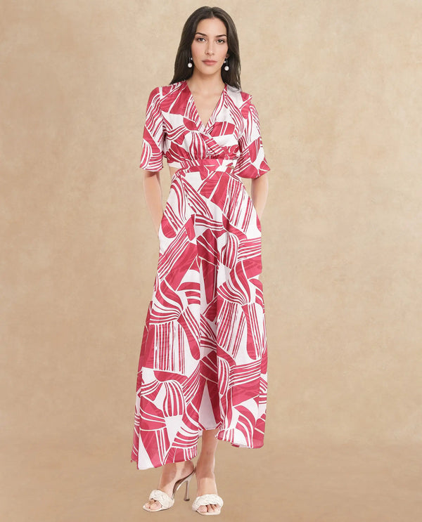 Rareism Women Colima Red Short Sleeve Over Lap Neck Fit And Flare Maxi Abstract Print Dress
