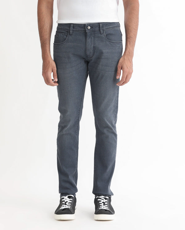 Rare Rabbit Men's Colmer Dusky Blue Mid Wash Mid-Rise Slim Fit Jeans
