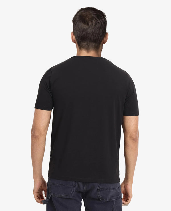 Rare Rabbit Men Colos Black Cotton Lycra Fabric Short Sleeve Crew Neck Regular Fit Graphic Print T-Shirt