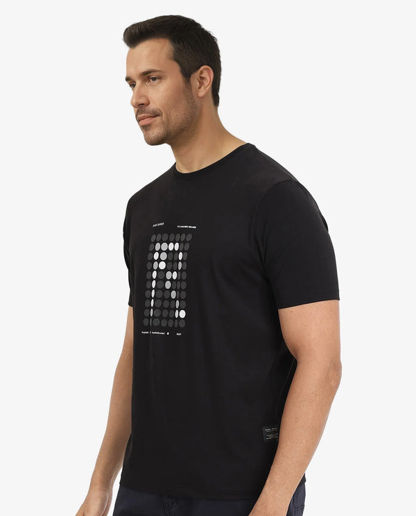 Rare Rabbit Men Colos Black Cotton Lycra Fabric Short Sleeve Crew Neck Regular Fit Graphic Print T-Shirt