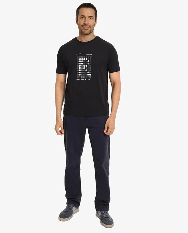 Rare Rabbit Men Colos Black Cotton Lycra Fabric Short Sleeve Crew Neck Regular Fit Graphic Print T-Shirt