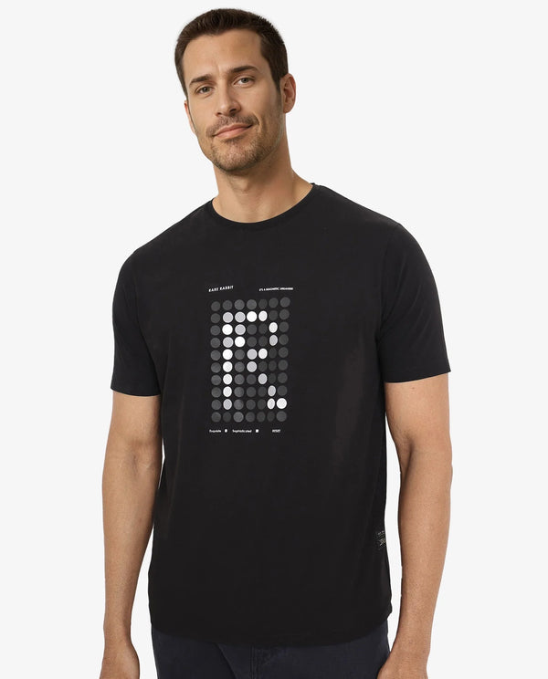Rare Rabbit Men Colos Black Cotton Lycra Fabric Short Sleeve Crew Neck Regular Fit Graphic Print T-Shirt
