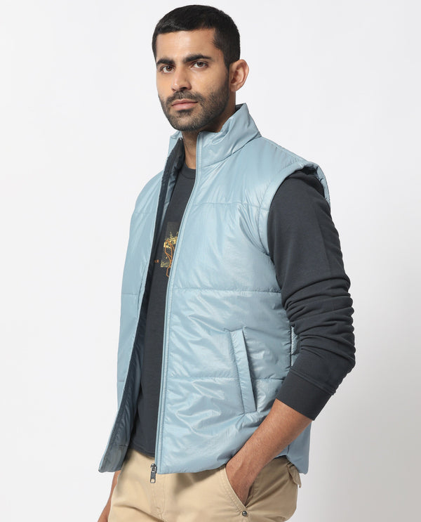 Rare Rabbit Men's Colson Light Blue Quilted High Neck Sleeveless Puffer Jacket