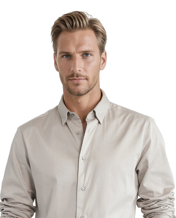 Rare Rabbit Men Como-25 Light Beige Full Sleeve Collared Neck Button Closure Plain Shirt
