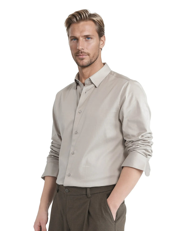 Rare Rabbit Men Como-25 Light Beige Full Sleeve Collared Neck Button Closure Plain Shirt