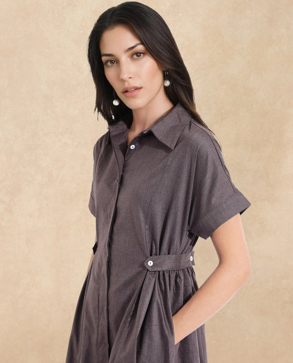 Rareism Women Comatch Brown Extended Sleeves Collared Neck Button Closure Fit And Flare Maxi Plain Dress