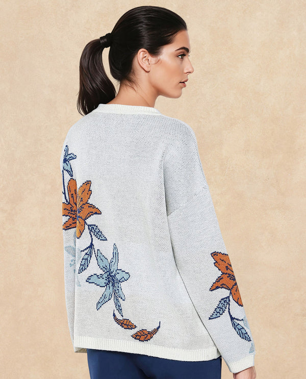 Rareism Women Cometry Off White Relaxed Fit Floral Jacquard Printed Sweater