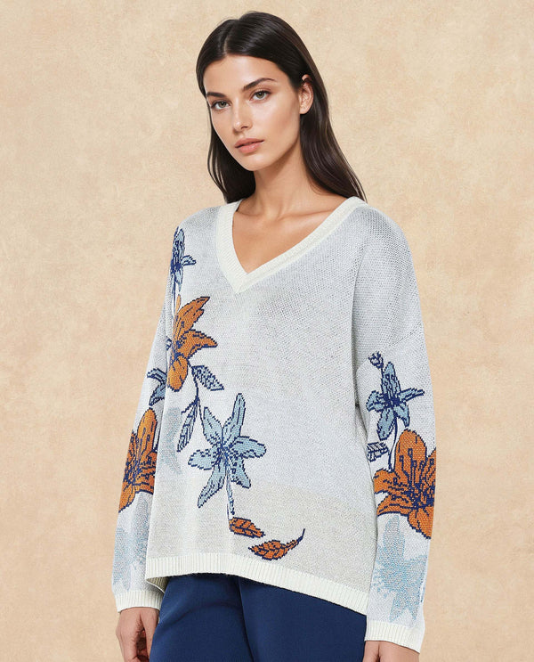 Rareism Women Cometry Off White Relaxed Fit Floral Jacquard Printed Sweater