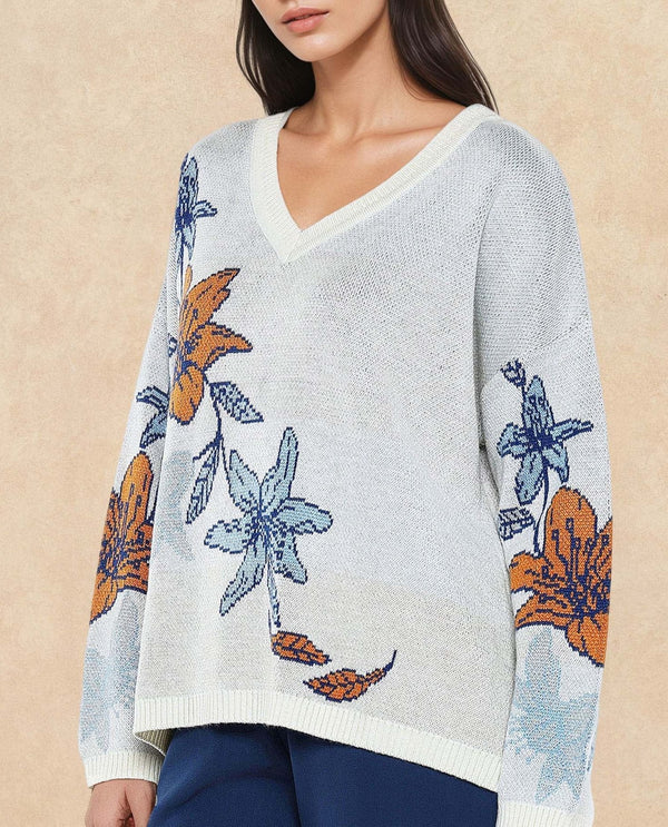Rareism Women Cometry Off White Relaxed Fit Floral Jacquard Printed Sweater