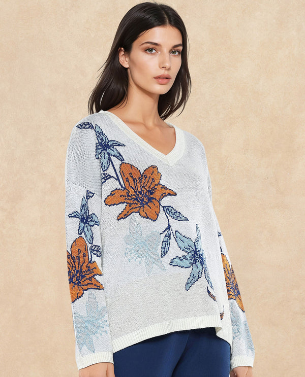 Rareism Women Cometry Off White Relaxed Fit Floral Jacquard Printed Sweater