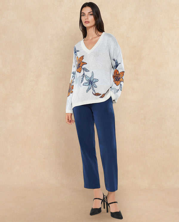 Rareism Women Cometry Off White Relaxed Fit Floral Jacquard Printed Sweater