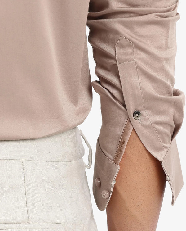 Rare Rabbit Men Como-5 Dusky Peach Cotton Lycra Fabric Full Sleeve Regular Fit Plain Satin Shirt