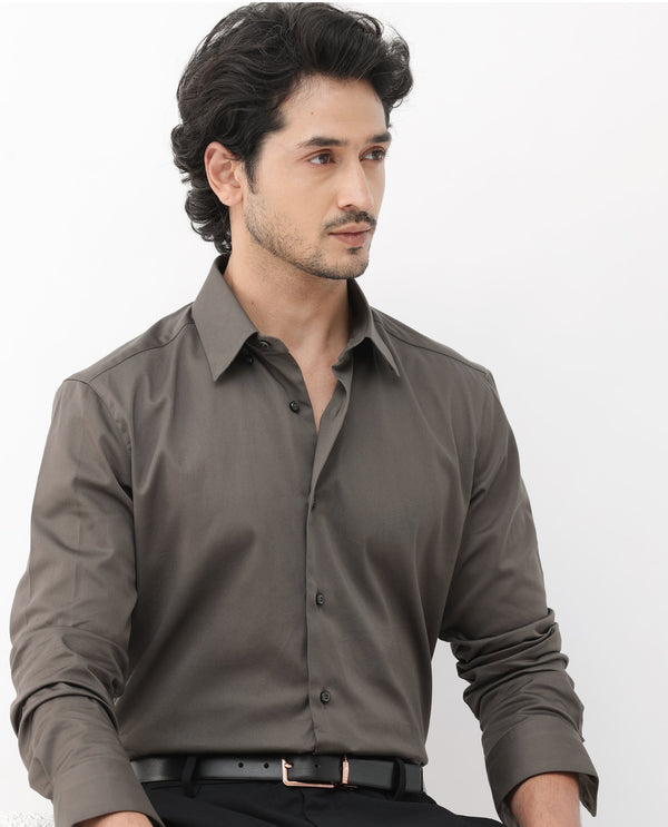 Rare Rabbit Mens Como-4 Dusky Olive Satin Fabric Full Sleeves Solid Shirt
