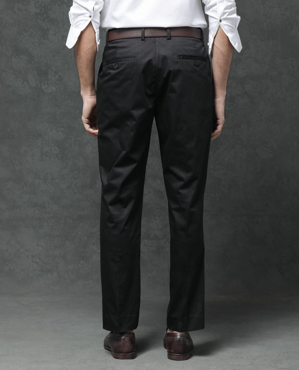 Rare Rabbit Mens Comotel Black Cotton Linen Satin Stretch Regular Fit Mid Rise Solid Trousers