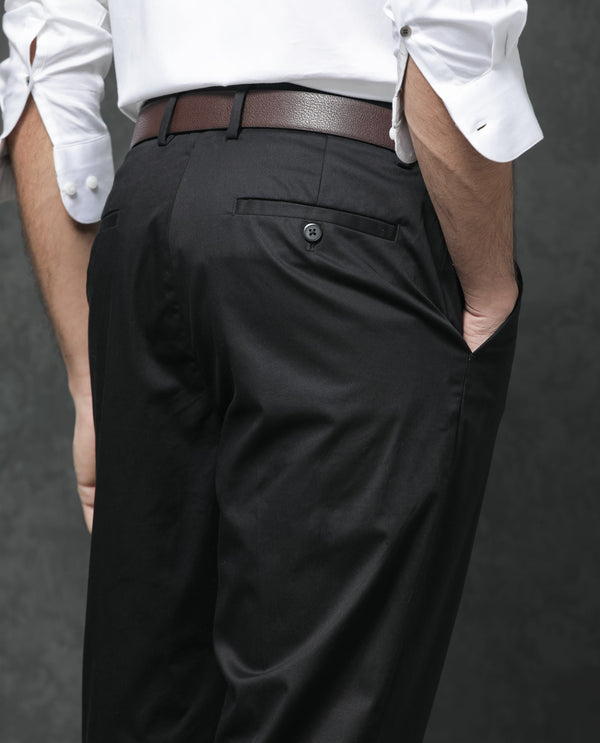 Rare Rabbit Mens Comotel Black Cotton Linen Satin Stretch Regular Fit Mid Rise Solid Trousers