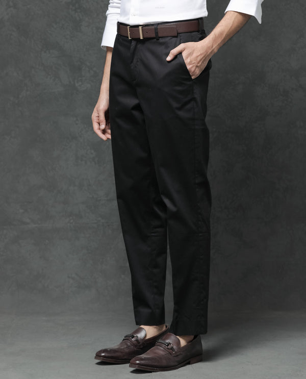 Rare Rabbit Mens Comotel Black Cotton Linen Satin Stretch Regular Fit Mid Rise Solid Trousers