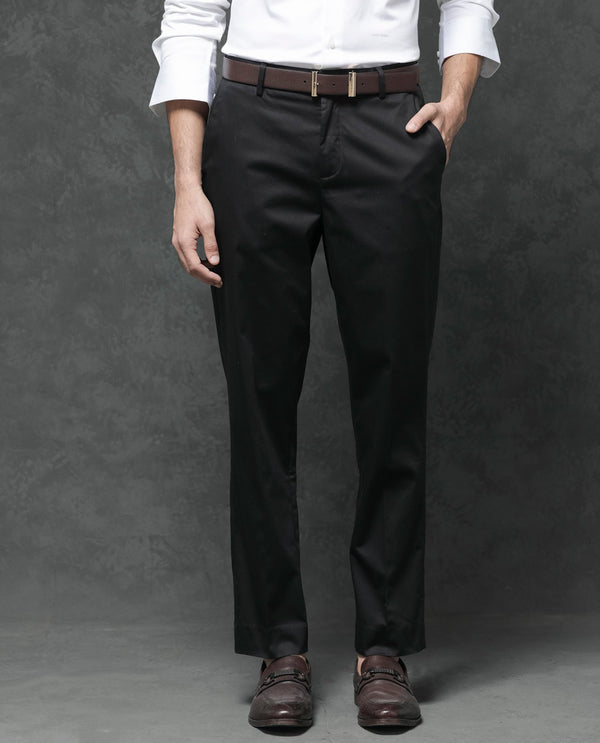Rare Rabbit Mens Comotel Black Cotton Linen Satin Stretch Regular Fit Mid Rise Solid Trousers