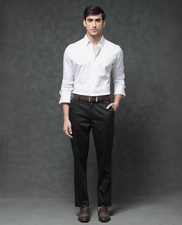 Rare Rabbit Mens Comotel Black Cotton Linen Satin Stretch Regular Fit Mid Rise Solid Trousers