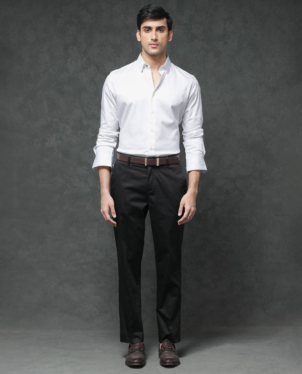 Rare Rabbit Mens Comotel Black Cotton Linen Satin Stretch Regular Fit Mid Rise Solid Trousers