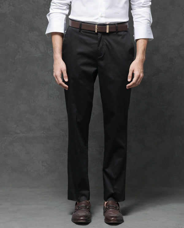 Rare Rabbit Mens Comotel Black Cotton Linen Satin Stretch Regular Fit Mid Rise Solid Trousers