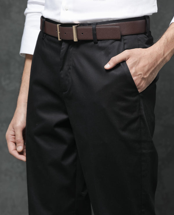 Rare Rabbit Mens Comotel Black Cotton Linen Satin Stretch Regular Fit Mid Rise Solid Trousers