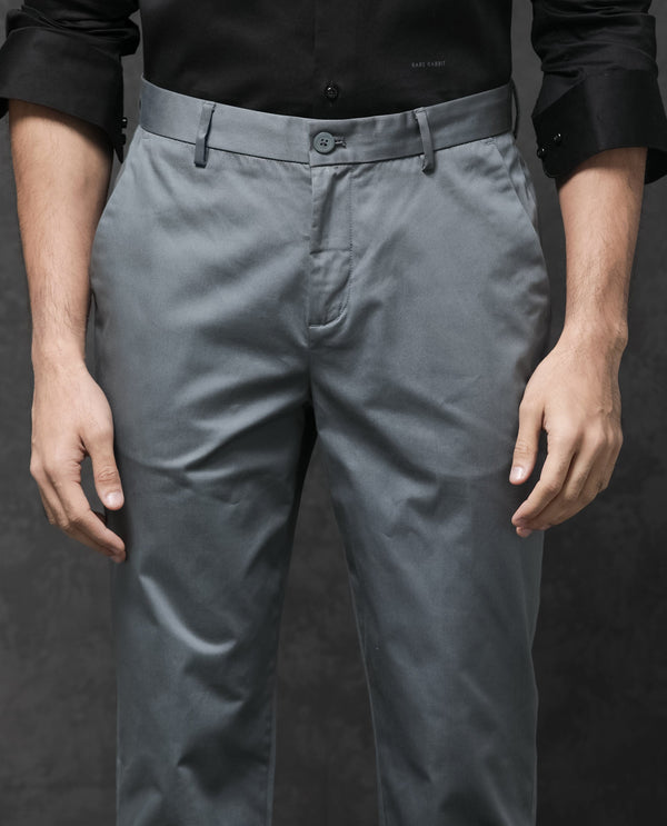 Rare Rabbit Mens Comotel Grey Cotton Linen Satin Stretch Regular Fit Mid Rise Solid Trousers