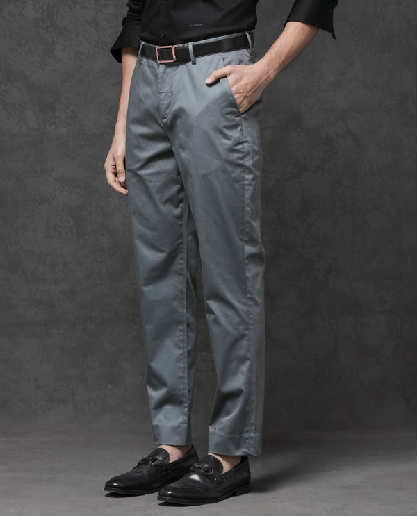 Rare Rabbit Mens Comotel Grey Cotton Linen Satin Stretch Regular Fit Mid Rise Solid Trousers