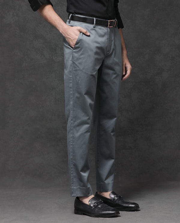 Rare Rabbit Mens Comotel Grey Cotton Linen Satin Stretch Regular Fit Mid Rise Solid Trousers
