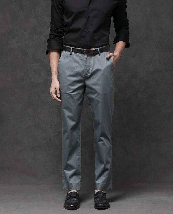 Rare Rabbit Mens Comotel Grey Cotton Linen Satin Stretch Regular Fit Mid Rise Solid Trousers