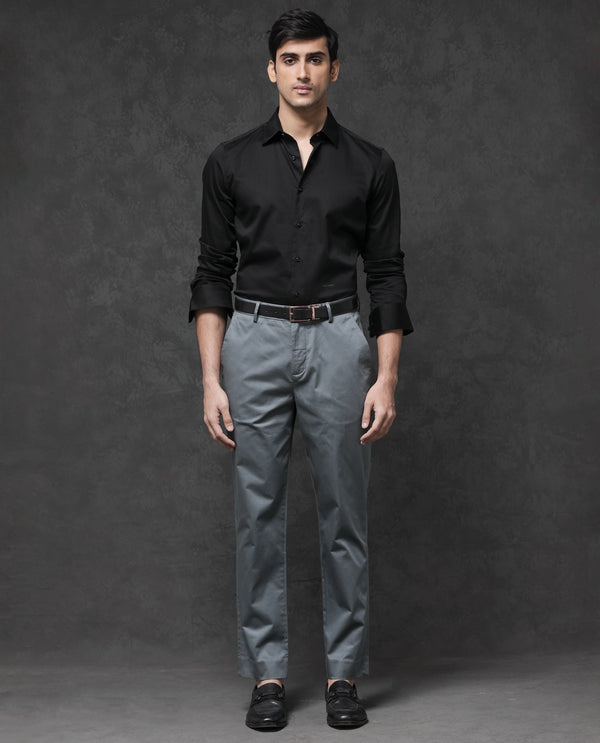 Rare Rabbit Mens Comotel Grey Cotton Linen Satin Stretch Regular Fit Mid Rise Solid Trousers