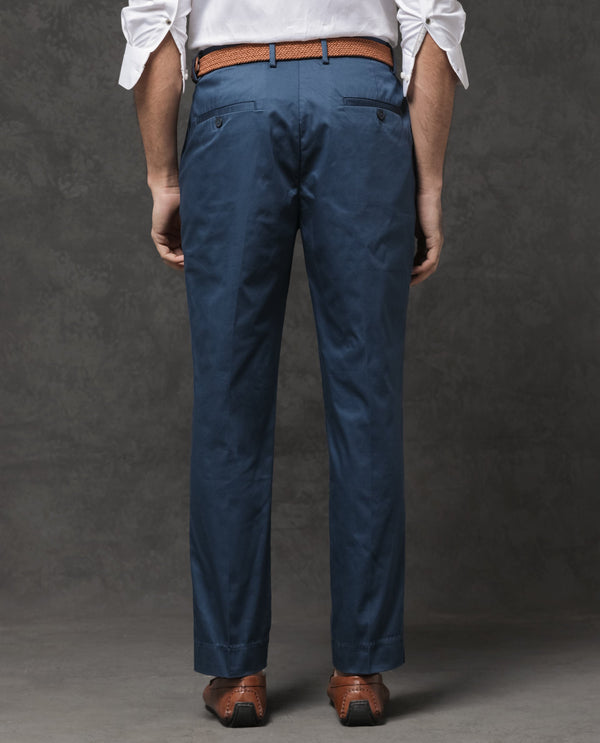 Rare Rabbit Mens Comotel Teal Cotton Linen Satin Stretch Regular Fit Mid Rise Solid Trousers