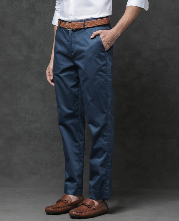 Rare Rabbit Mens Comotel Teal Cotton Linen Satin Stretch Regular Fit Mid Rise Solid Trousers