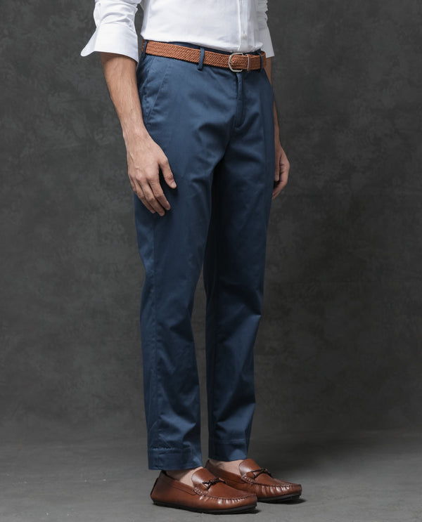 Rare Rabbit Mens Comotel Teal Cotton Linen Satin Stretch Regular Fit Mid Rise Solid Trousers