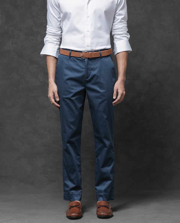 Rare Rabbit Mens Comotel Teal Cotton Linen Satin Stretch Regular Fit Mid Rise Solid Trousers